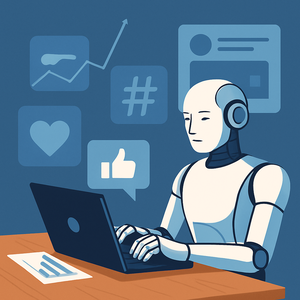 Futuristische humanoide KI tippt an einem Laptop mit Social Media Icons im Hintergrund