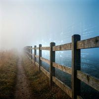 Holzzaun auf nebligem Weg mit blauem Schimmer im Hintergrund – Symbol für Chesterton's Fence und KI